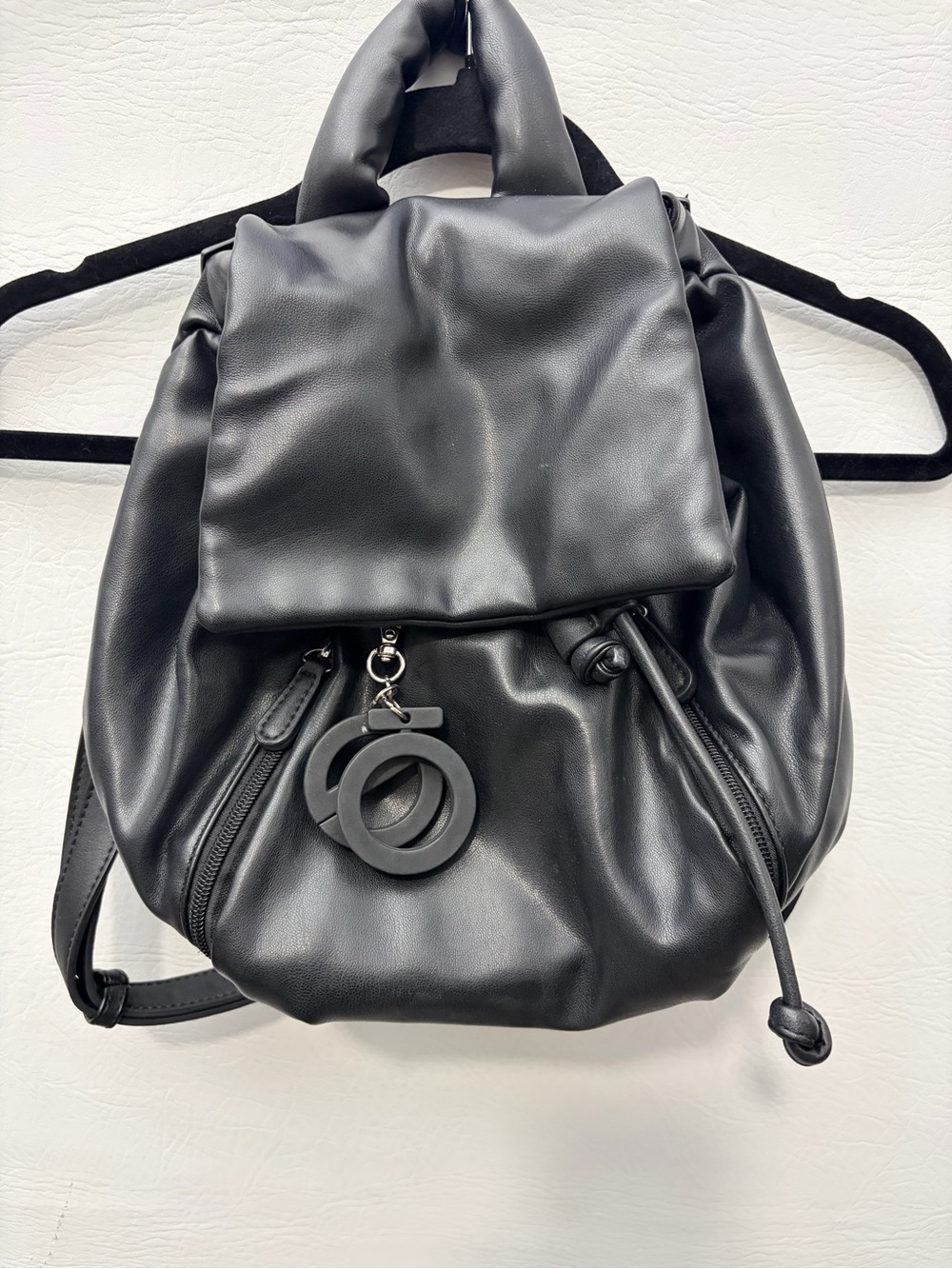 Black Faux-Leather Drawstring Backpack with Ring Charm